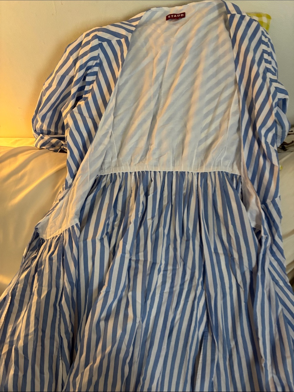 FLASH SALE! Gently worn STAUD Blue and White Striped Cotton Wrap Midi Dress - Picture 5 of 6